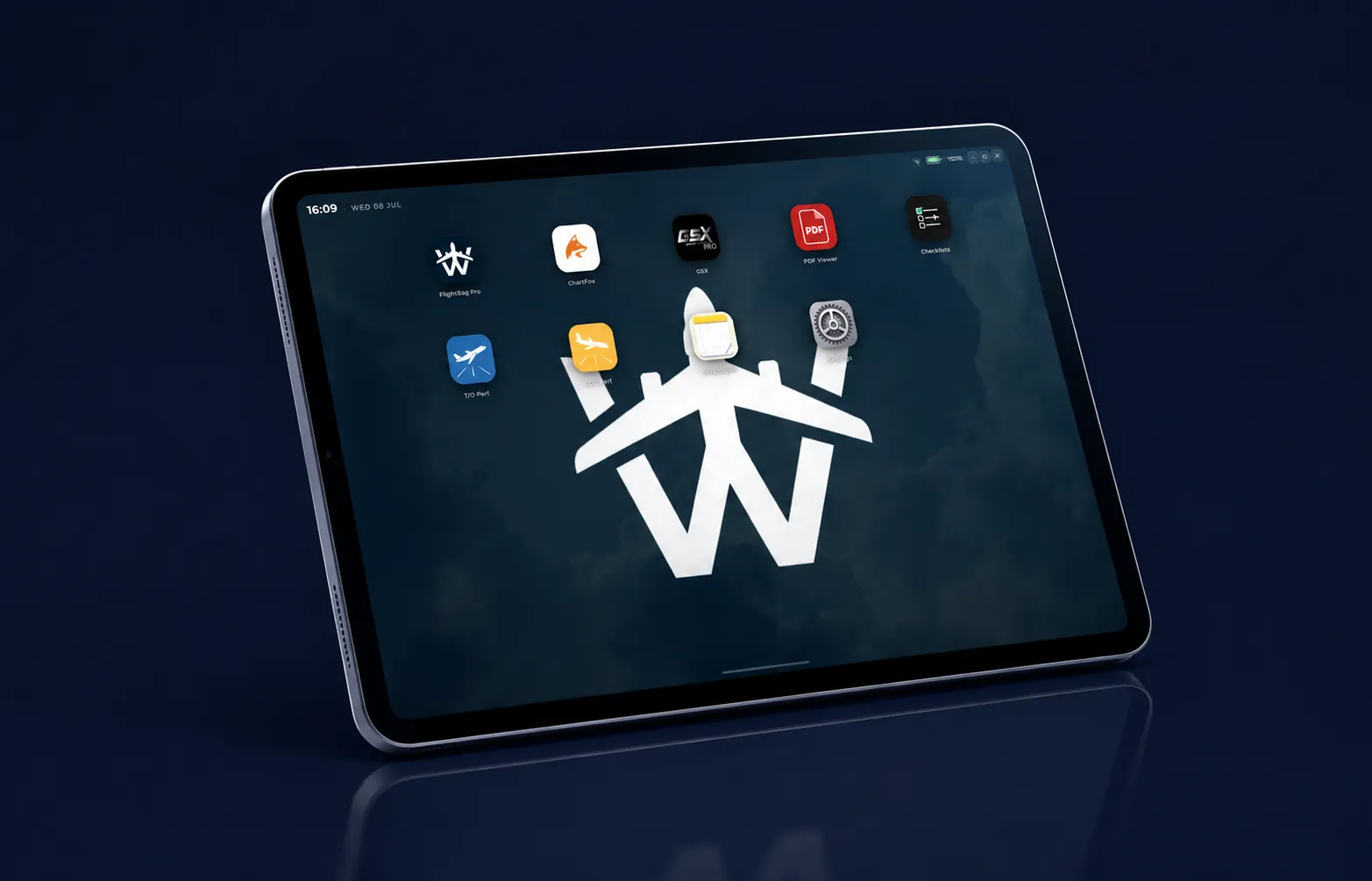 Tablet mit der Startansicht von FlightBag Pro, darauf App-Symbole unter anderem für Karten, PDF-Dokumente, Checklisten und Startleistungsberechnung.